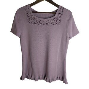 Womens VTG Style Lavender Knit Top Sz L Crochet Lace Ruffle Hem Rom-Com Romantic